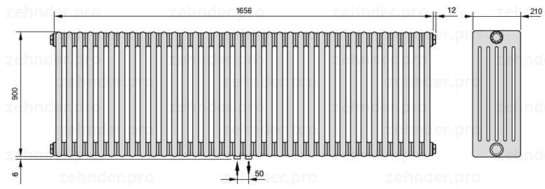 Схема (чертеж) Радиатор Zehnder Charleston 6090/36 №3470 Белый глянцевый RAL 9016
